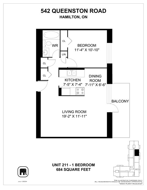 Floor plan for 1 bed, 1 bath, 691 sqft